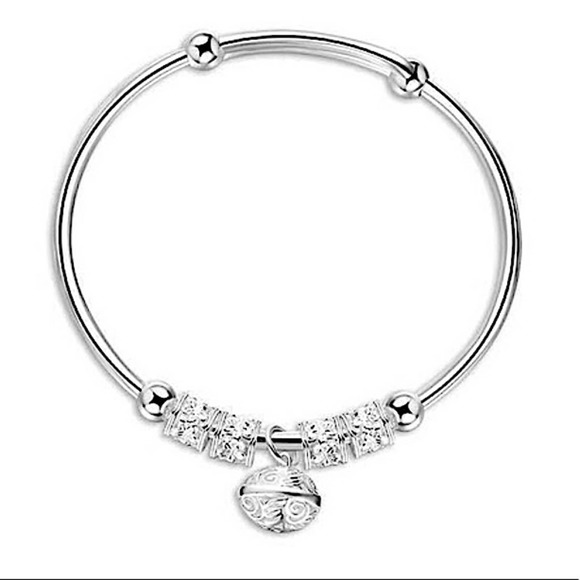 Boho Sterling Silver Resizable Ball Charm Bangle Bracelet - Picture 13 of 14
